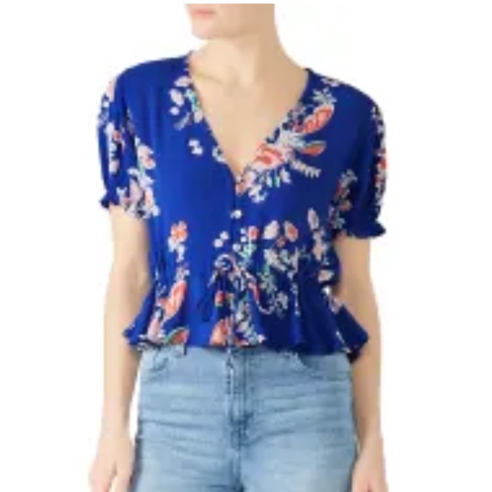 Colonels floral ruffle short sleeve button down neck crop top blouse sz XS